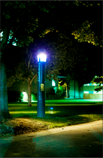 A emergency blue-light system is pictured here on campus. The emergency system is being used less and less by students. Jamie Winter/Observer