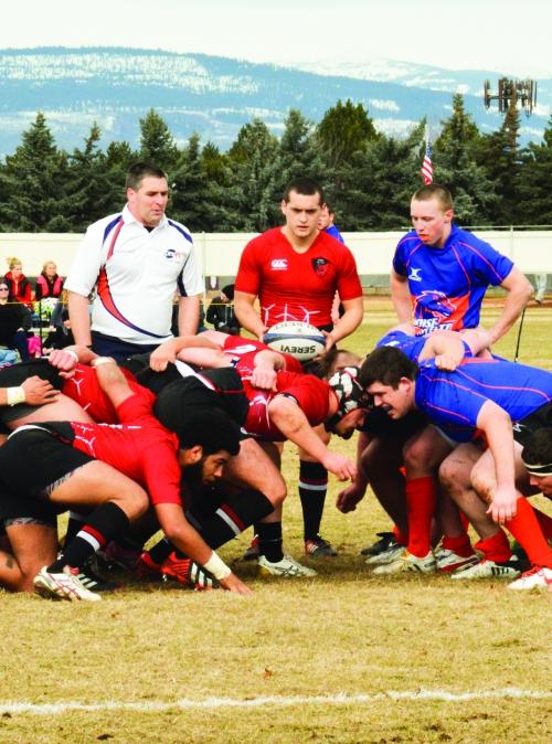 Central's rugby team gets set for a srum against Boise State.