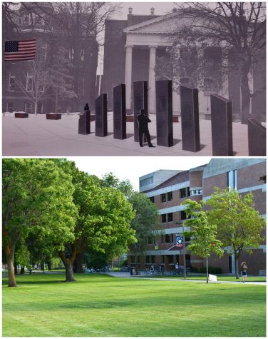 (Top) An artist rendition of what the veteran memorial will look like and (bottom) the future location of the memorial.