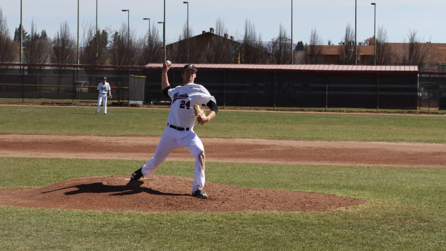 Jake Levin throwing a pitch during his three-run, complete-game performance against Montana State University Billings.