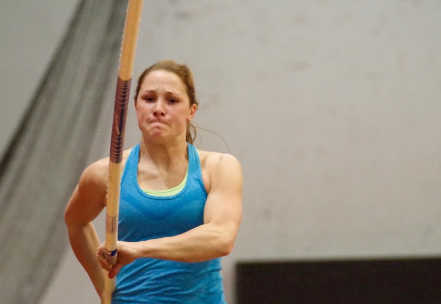 CWU senior pole vaulter, McKenna Emmert, at practice in the Pavilion Fieldhouse. Emmert is currently ranked No. 21 in the nation with a jump of 12 feet 1.5 inches.