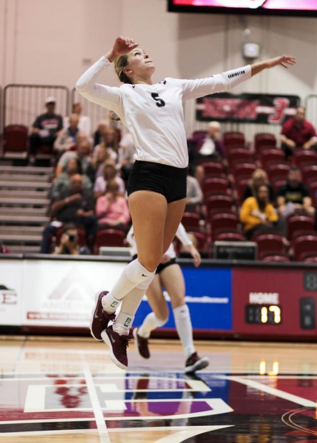 Shelby Mauritson rises toward the ball during a home match on Sept. 28.