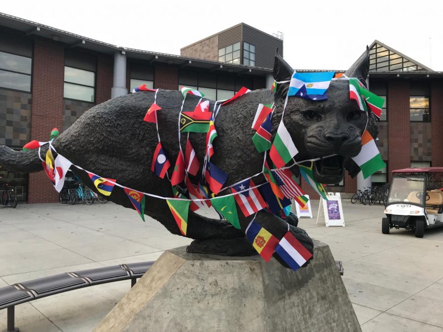 The Wildcat statue in front of the SURC has been decorated with flags in honor of International Education Week. 