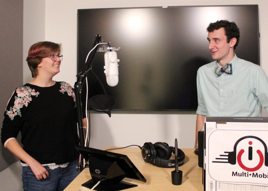 Ryan Oehmen interviews Kaitlin Crook for a podcast in the Samuelson recording studios.
