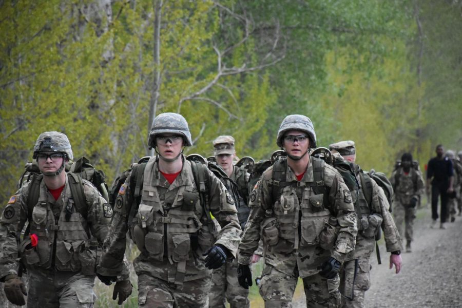 The John Wayne Trail hike is one of the methods ROTC uses to help cadets stay in combat-ready shape. Cadets must trek six miles
with 30-40 pound backpacks.