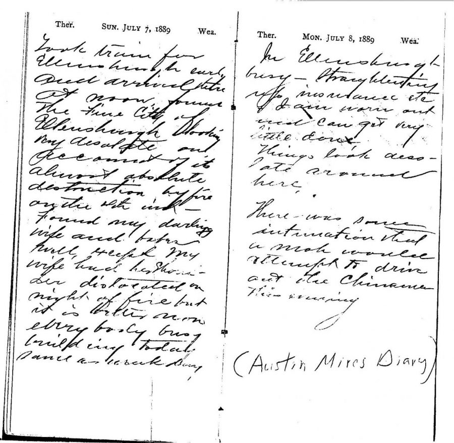 Scan/Copy of Austin Mires’ diary with claims of a rumor of a mob that would drive out the Chinese in Ellensburg as a result of the fire.