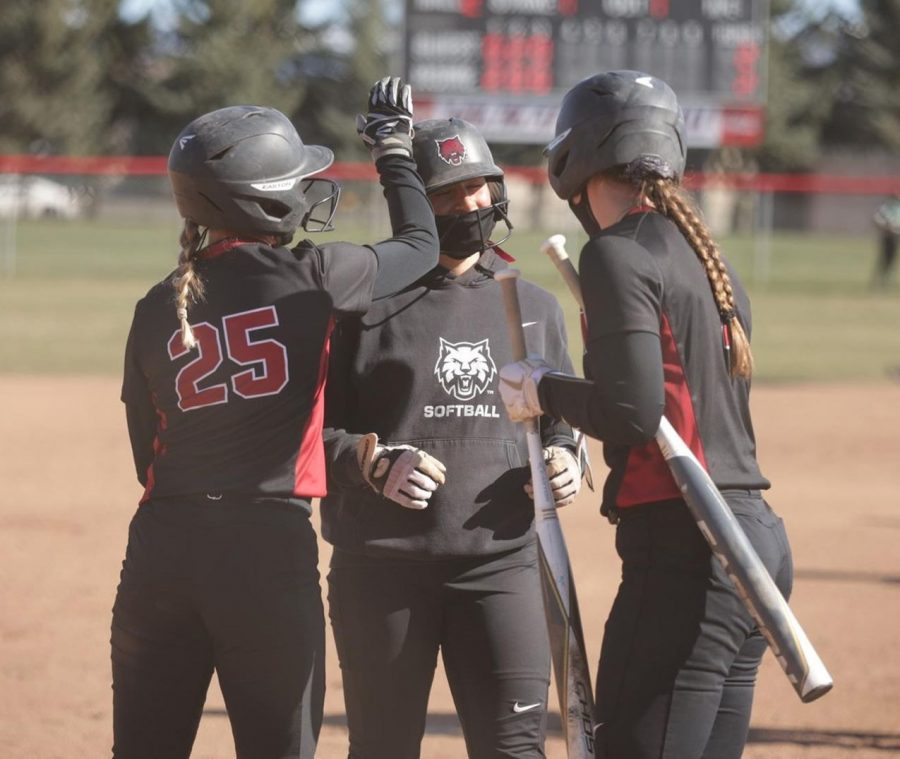 Teammates celebrated their 10-2 win over Humboldt State University on April