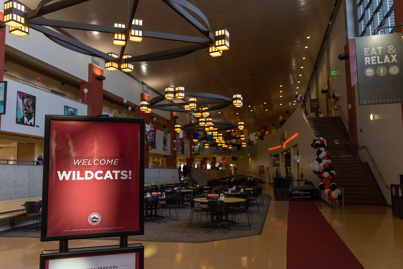 View of empty SURC with a Welcome Wildcats sign. Photo courtesy of CWU Flickr
