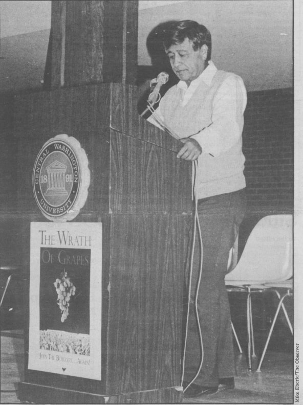 Cesar Chavez speaks at a MEChA organized event, 1986. Photo courtesy of Observer archives 