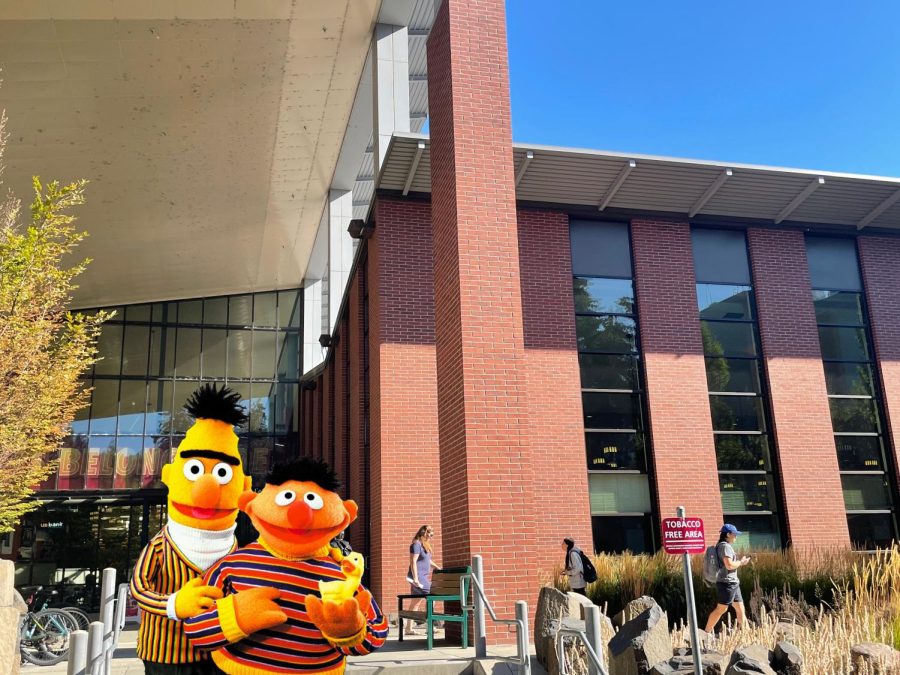 Bert and Ernie in front of the SURC. Edits by Morgana Carroll, photo by Beau Sansonm