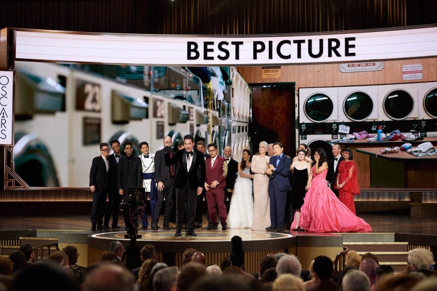 The cast and crew of ‘Everything Everywhere All At Once’ accepting Best Picture. Photo courtesy of The Academy of Motion Picture Arts and Sciences