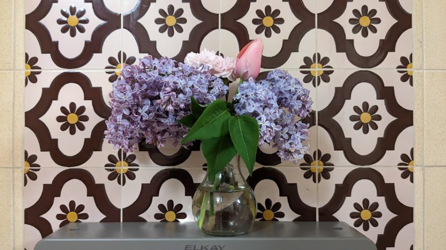 Purple lilacs, a pink tulip and light pink carnations in a glass vase against a floral tile backsplash. Photo by Brittany Cinderella