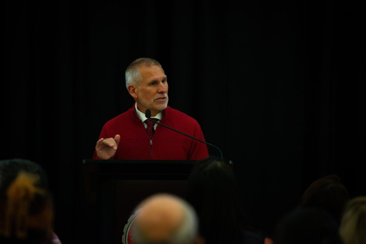 President Jim Wohlpart speaking at the State of the University Adress.