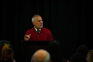 President Jim Wohlpart speaking at the State of the University Adress. (Photo by Brandon Mattesich)