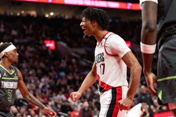 Shaedon Sharpe vs. the Timberwolves. (Photo by Bruce Ely / Courtesy trailblazers.com)