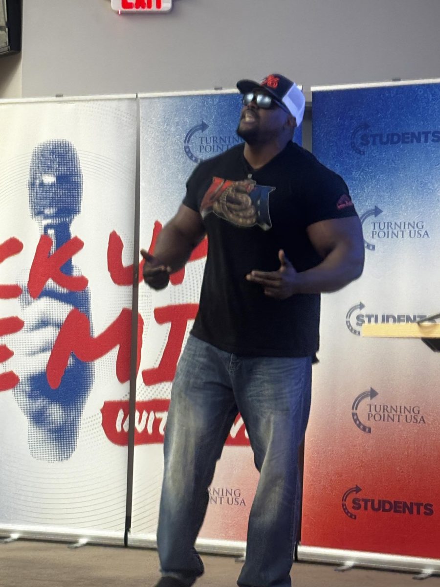 Stephen Davis, aka MAGA HULK, speaks at Turning Point USA event on campus 